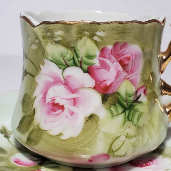 Lefton Teacup and Saucer Green Heritage Pink Roses - Picture 3 of 10